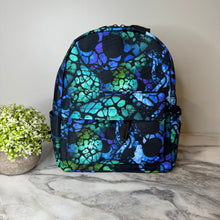 Load image into Gallery viewer, Mini Backpack - Halloween Fall, Blue Green Skull