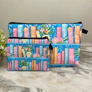 Pouch & Mini Pouch Bundled Set - Book Floral Pastels on Blue