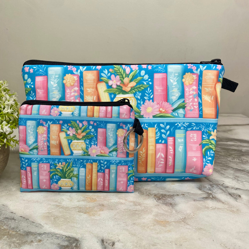 Pouch & Mini Pouch Bundled Set - Book Floral Pastels on Blue