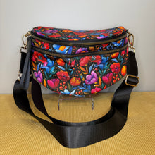 Load image into Gallery viewer, The Roni Nylon Crossbody - Floral Bright Red Blue on Black
