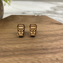 Load image into Gallery viewer, Wooden Stud Earrings - Coffee Cup Heart Bean
