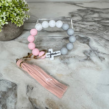 Load image into Gallery viewer, Silicone Bracelet Keychain - Religious, Jesus, White &amp; Pink

