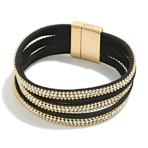 Magnetic Closure Rhinestone Studded Leather Strand Bracelet