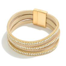 Load image into Gallery viewer, Magnetic Closure Rhinestone Studded Leather Strand Bracelet
