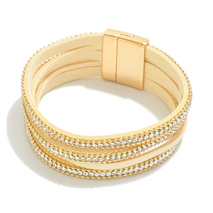 Magnetic Closure Rhinestone Studded Leather Strand Bracelet