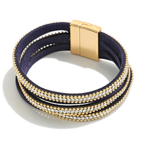 Magnetic Closure Rhinestone Studded Leather Strand Bracelet