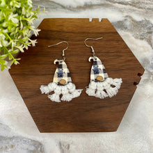 Load image into Gallery viewer, Wooden Dangle Earrings - Christmas Gnome White Plaid Macrame Beard
