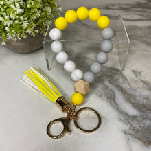 Load image into Gallery viewer, Silicone Bracelet Keychain with Wood Bead &amp; Tassel - Yellow
