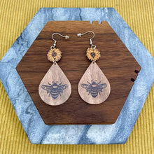 Load image into Gallery viewer, Wood Teardrop Earrings - Bee &amp; Sunflower

