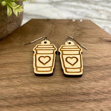 Load image into Gallery viewer, Wooden Dangle Earrings - Coffee Cup Heart #2
