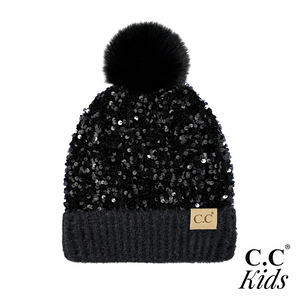 C.C. Kids Sequin Fur Pom Beanie