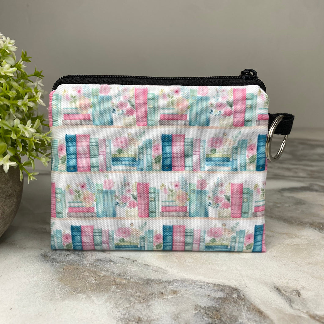 Mini Pouch - Books Blue Mint Pink Floral Shelves