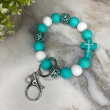 Load image into Gallery viewer, Silicone &amp; Wood Bracelet Keychain - Religious, Jesus, White &amp; Teal
