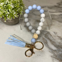 Load image into Gallery viewer, Silicone Bracelet Keychain with Wood Bead &amp; Tassel - Dusty Blue
