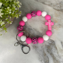 Load image into Gallery viewer, Silicone &amp; Wood Bracelet Keychain - Religious, Jesus, Hot Pink

