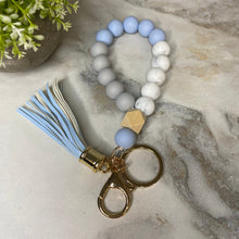 Load image into Gallery viewer, Silicone Bracelet Keychain with Wood Bead &amp; Tassel - Dusty Blue
