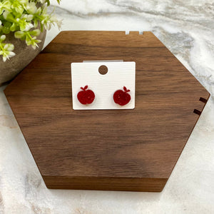 Acrylic Stud Earrings - Glitter Apple Teacher School