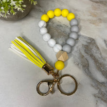 Load image into Gallery viewer, Silicone Bracelet Keychain with Wood Bead &amp; Tassel - Yellow
