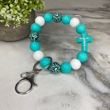 Load image into Gallery viewer, Silicone &amp; Wood Bracelet Keychain - Religious, Jesus, White &amp; Teal
