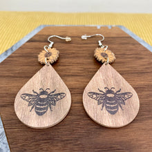 Load image into Gallery viewer, Wood Teardrop Earrings - Bee &amp; Sunflower
