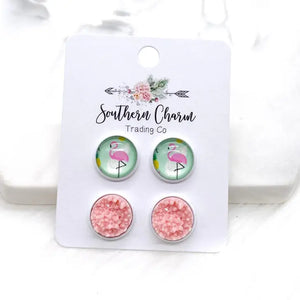 Flamingos & Pink Crystals in White Settings Earrings