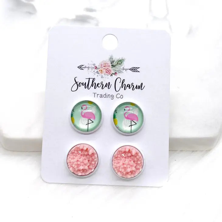 Flamingos & Pink Crystals in White Settings Earrings