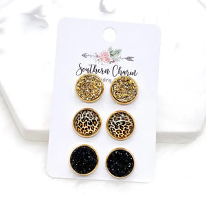Gold, Golden Leopard, Black in Gold Settings Earrings