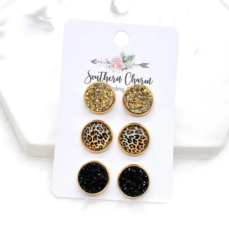 Gold, Golden Leopard, Black in Gold Settings Earrings