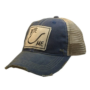 Bite Me Royal Blue Distressed Trucker Hat Baseball Cap