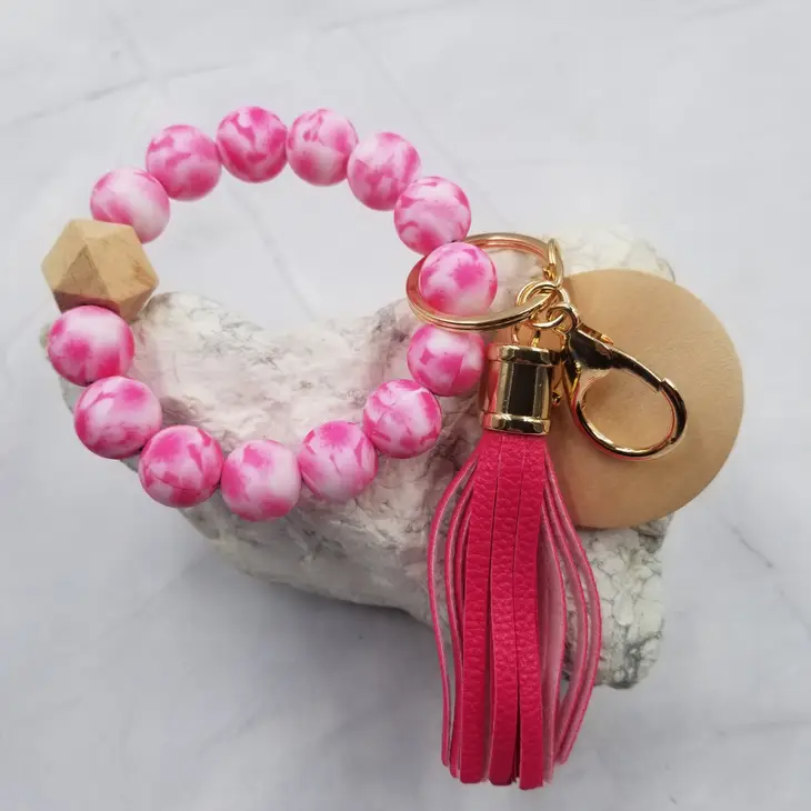 Color Me Pretty Bracelet Keychain With Wood Disk - Red